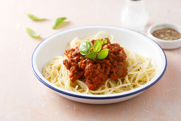 Traditional spaghetti Bolognese with fresh basil