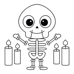 Cute Cartoon Skeleton with Candles Outline Drawing bones skull