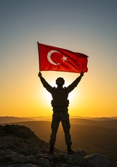 Victory Day Tribute: Soldier Holding Turkish Flag High