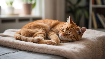 Cozy ginger cat napping peacefully on a soft blanket in a bright room filled with natural light and indoor plants