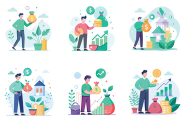 Six Illustrations of Men Holding Money Bags and Stacks of Coins with Financial Growth Charts