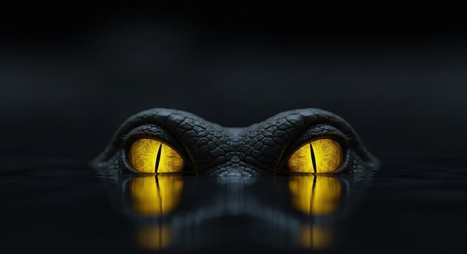 [Menacing crocodile with glowing yellow eyes staring from the dark water at night.]
