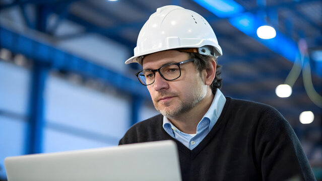 Man in Hard Hat and Glasses Working on Laptop in Industrial Factory Setting worker engineer