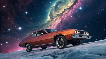 A vintage car is parked on a snowy planet with a vibrant nebula and stars in the background, creating a surreal and dreamy atmosphere
