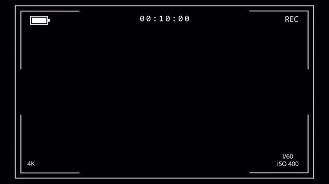 Video camera recorder screen overlay on a transparent background, 4K camcorder interface for video cameras with alpha channel, Camera recording screen interface with 15 second timer.