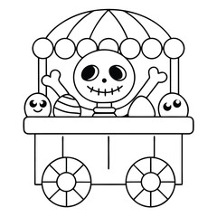 Skeleton in a Cart with Halloween Treats Outline Illustration wagon