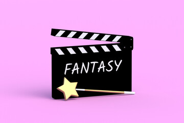 Naklejka premium Fantasy word on clapperboard. Movie production. Film industry. Announcement of the screening of a new picture in the cinema. 3d render