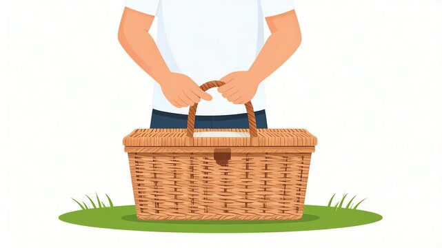 Person holding wicker picnic basket outdoors illustration