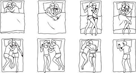 Eight Black and White Line Drawings of Couples Sleeping in Different Intimate Positions relationship