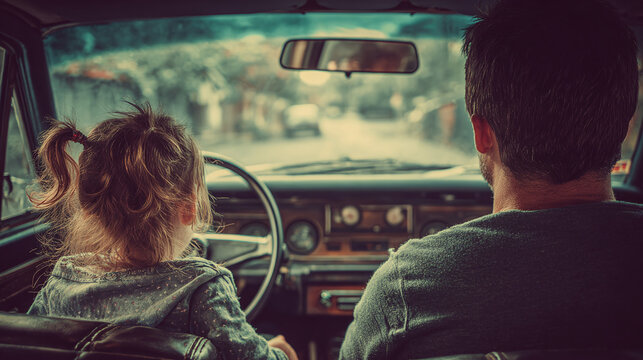 Father and daughter on a nostalgic journey, driving together on a vintage vehicle, creating memories and exploring the road ahead, seen from backseats.