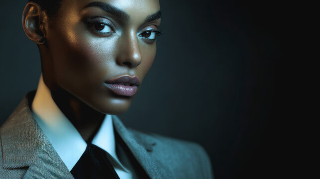 Portrait of black woman wearing tailored masculine suit inside studio - Business, elegance and copy space concept - Model by AI generative