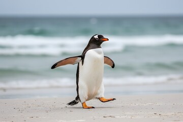 wings outstretched and one leg raised. penguin has a black head, white belly,King Penguin Aptenodytes patagonicus Chicks in Creche in the rain.a Gentoo penguin standing on a sandy beach

