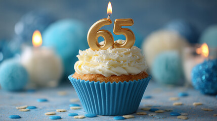 Celebratory Cupcake: Golden '65' candle on a cupcake in blue wrapper surrounded by blue decor; a festive treat for a milestone birthday or anniversary.
