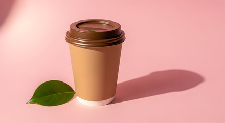 Elegant Takeaway Coffee Cup with a Fresh Green Leaf on Soft Pink Background"
