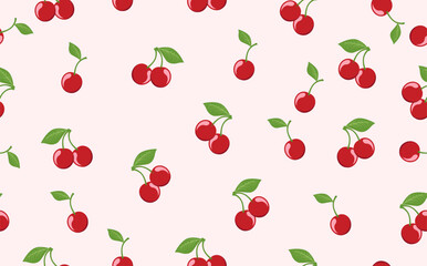 red cherry seamless pattern with green leaves background flat vector template design illustration
