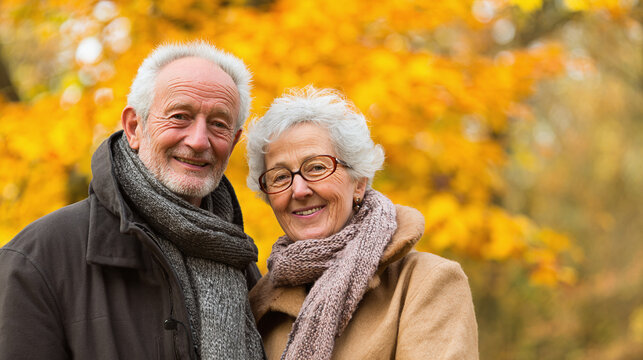 Senior couple posing outdoors in autumn, smiling. They are wearing coats and scarves, with vibrant golden foliage in the background. Affectionate image.