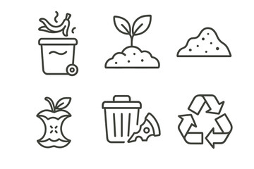 Composting icons: waste, plant, soil, apple, bin, recycling symbol