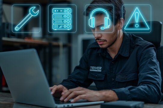 IT professional troubleshooting network issues on laptop in modern office setting with glowing icons