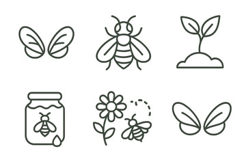Simple line icons of bees, honey, and nature elements