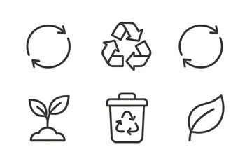 Recycling and eco-friendly icons: arrows, bin, leaf, plant symbols