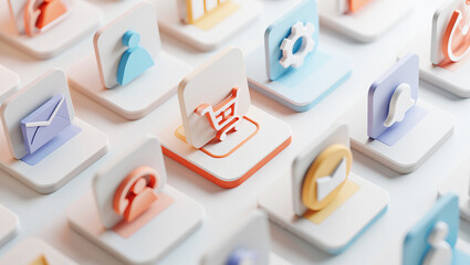 3D Icon Grid Layout – Floating UI Tiles with Shadows on White Background