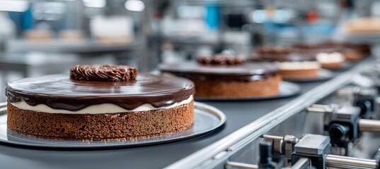 Chocolate cake on conveyor belt production line. Dessert sweet food. Generative AI technology.