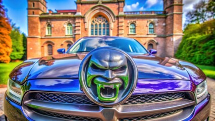 Vintage car with unique hood ornament parked in front of historic building  