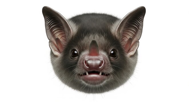 Realistic portrait of a common vampire bat head, Desmodus rotundus, isolated on a clean white background.