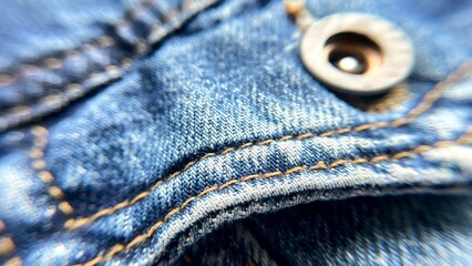 Details of denim fabric - pattern and double stitching on the pocket flap with a button,...