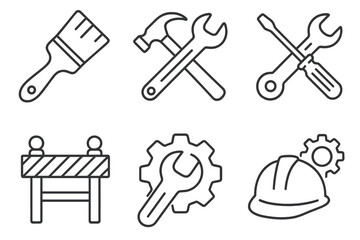 Obraz premium Set of construction icons: tools, helmet, barrier, cogs