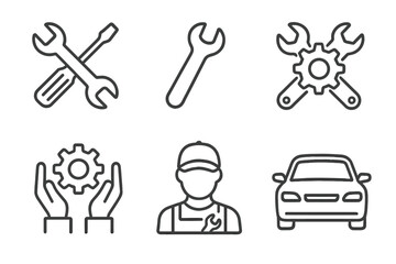 Mechanic tools and symbols including wrench, gear, and male mechanic outline