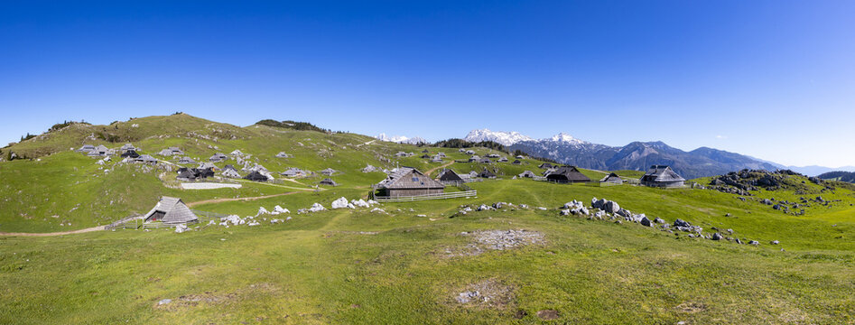 View of rustic wooden huts dotting a vibrant green hillside under a clear blue sky, with snow-capped mountains in the distance, Stahovica, Kamnik.