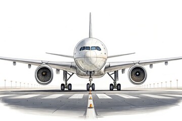 Obraz premium Front view of a modern passenger airplane on a runway ready for takeoff