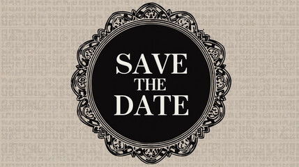 Elegant announcement for a special event with ornate border and background, featuring "Save the Date" in bold font in the center.