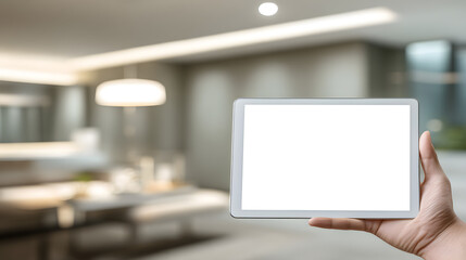 Hand Holding Modern Tablet with Blank White Screen in Smart Technology Interior