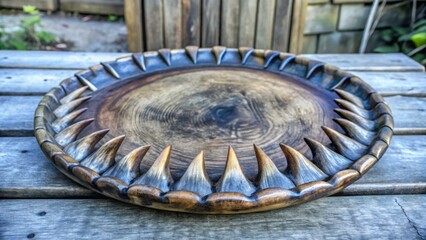Fototapeta premium Carved wooden plate with spikes on edge resting on tabletop 