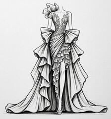 Monochromatic sketch: A long dress with an asymmetrical cut and a voluminous construction at the waist and shoulders.
Perfect for a haute couture runway look.