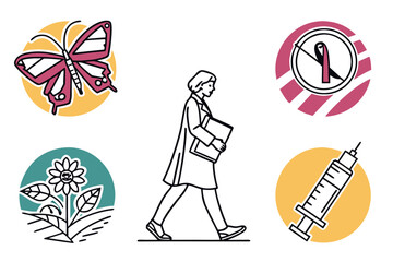 Woman walking with medical symbols and nature elements
