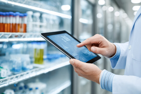 Doctor using digital tablet to check medical inventory and pharmaceutical data in hospital storage, representing modern healthcare management and digital transformation in medicine. - Powered by Adobe