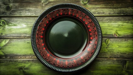 Decorative black plate with red pattern on wooden table  
