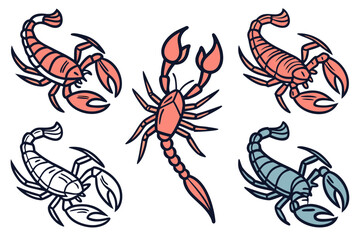 Collection of scorpions in different colors and styles isolated on white background