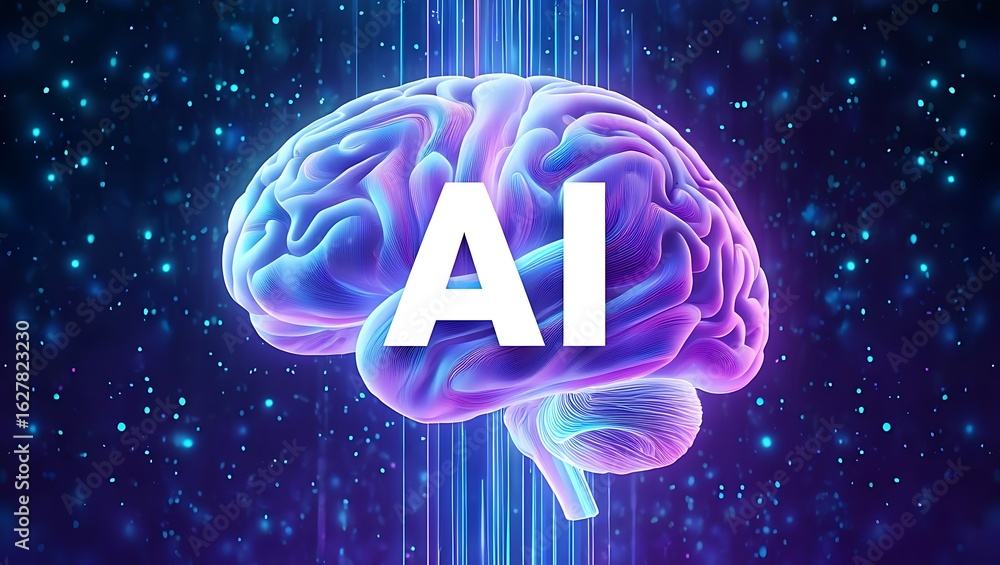 Poster abstract digital representation of a human brain illuminated with vibrant neon lights and the letter