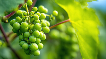 Cluster of unripe green grapes on the vine, with water droplets and lush green leaves in the background. Vibrant and fresh, close-up view.