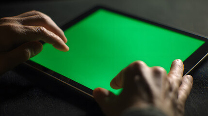 Close up of Hands Interacting with a Digital Tablet Green Screen for Creative Mockup