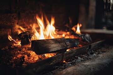 Warm fire in a fireplace, burning logs