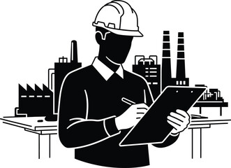 Engineer with hardhat writing on clipboard in front of industrial factory silhouette illustration art