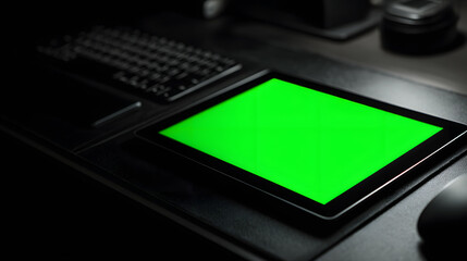 Modern Tablet with Green Screen Display on a Dark Desktop Workspace