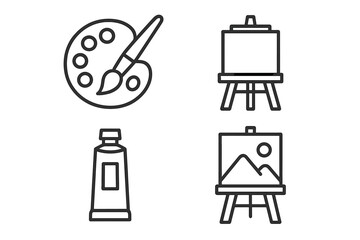 Art tools outline: palette, paint tube, easel, canvas with landscape drawing