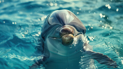 Close up of a friendly dolphin smiling in clear blue ocean water