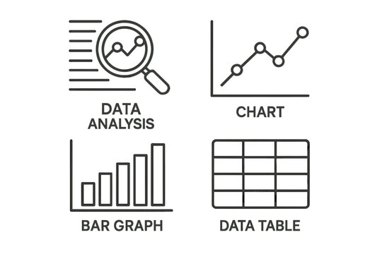 Data analysis concepts: chart, bar graph, data table icons with magnifying glass